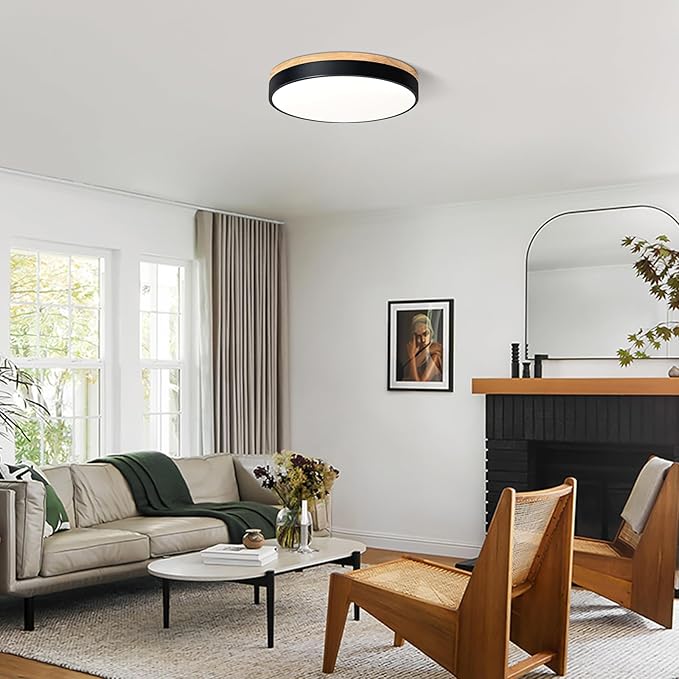 Modern Dimmable Wood Ceiling Light, Black Round LED Flush Mount Ceiling Lighting Fixtures, Minimalist Ceiling Lamp for Kitchen Bedroom Laundry Room Living Room Entryway Hallway&15.74 in