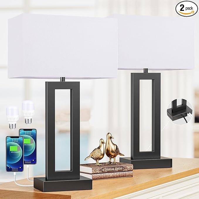Seealle 22" Tall Living Room Lamps for Night Stands - Touch Bedside Lamp with USB C+A, 3 Way Dimmable Bedroom Lamps for End Tables Set of 2, Modern Night Stand Lamps for Bed Side(White&Black)