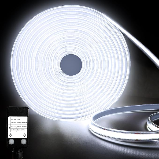 32.8Ft COB LED Strip Lights Outdoor Waterproof, 3200 LED Strip Light PVC Casing Tape Light Flexible with Self-Adhesive Timer Dimmable for House Garden Camping DIY Lighting (Cool White)