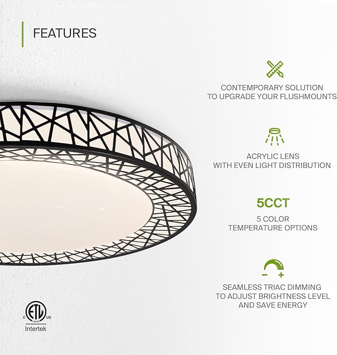 ASD 18 Inch LED Flush Mount Ceiling Light Fixture for Bedroom, 35W 1992LM 5CCT 2700K-5000K, Triac Dimmable Lights, Dining, Living Room, Kitchen Lamps, Modern Home Lighting Fixtures, Black, ETL, 4 Pack