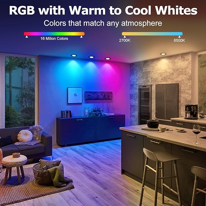 LightingWill 2 Inch Recessed Lighting, Smart WiFi LED Downlight, 5W LED Ceiling Light Compatible with Alexa/Google Assistant, Dimmable RGB & 2700K-6500K, 120V with Driver, Black Trim (4 Pack)