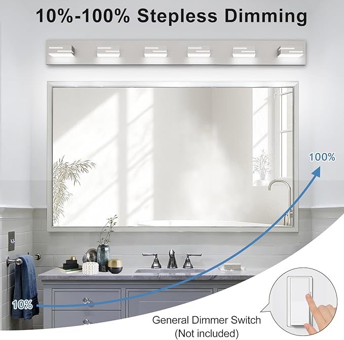 LED Modern Bathroom Vanity Light Fixtures, 6-Light 40-inch Dimmable Brushed Nickel Vanity Lights for Bathroom Lighting Fixtures Over Mirror, with 350° Rotatable Acrylic Heads (Cool White 6000K)