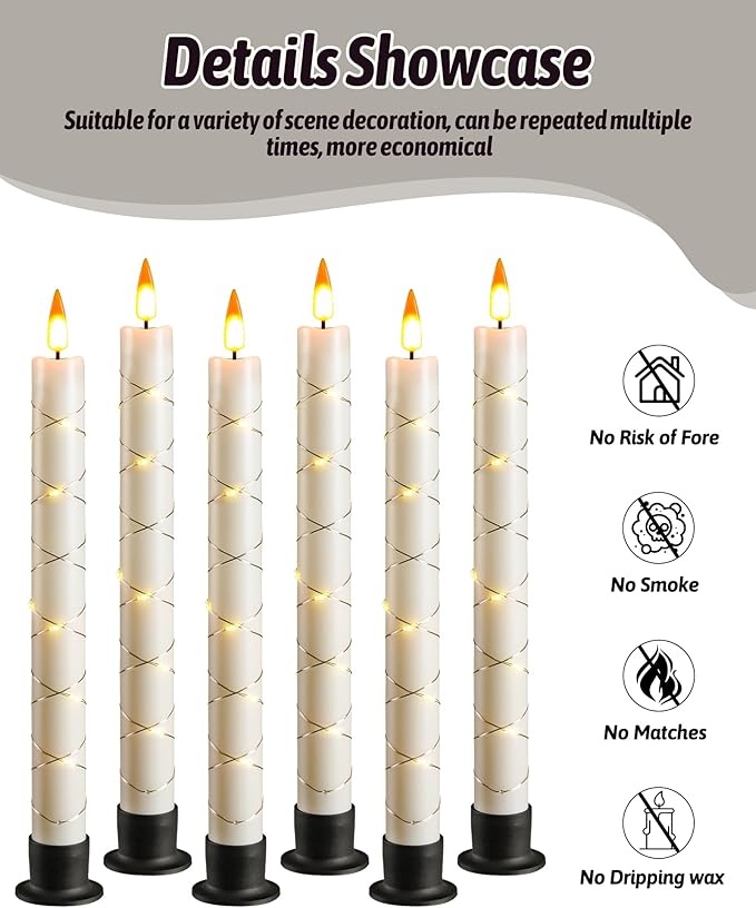 Da by 6 Flameless Window Candles with Remote Control & Timer, Surround String Lights, Battery Powered, 9.6" Christmas Candles, Free 6 Black Bases for Home Décor (Pack of 2)