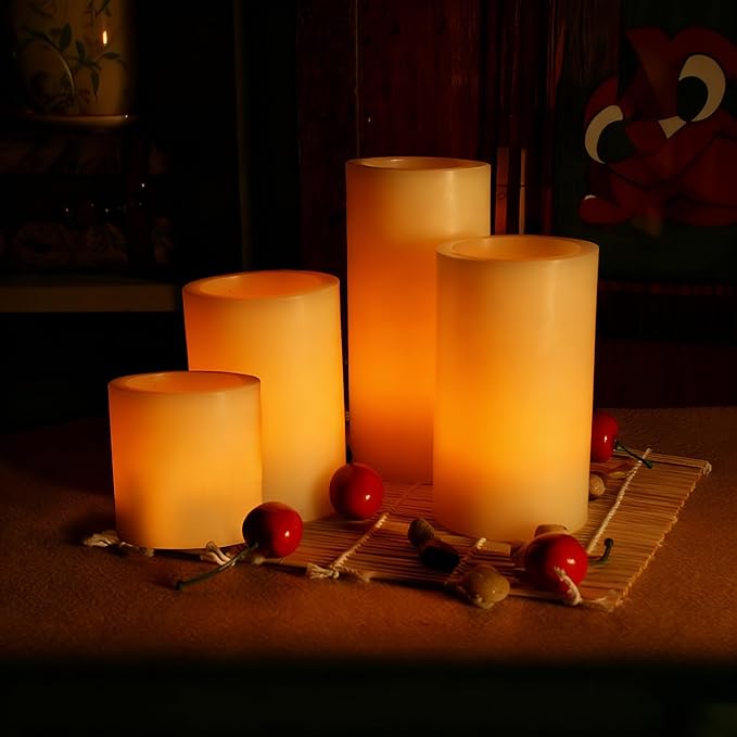 CANDLE CHOICE Battery Operated Flameless Candles with Timer Real Wax Realistic Flickering Electric LED Pillars Decorative Lights for Home Wedding Halloween Thanksgiving Christmas Decorations 4 Pack