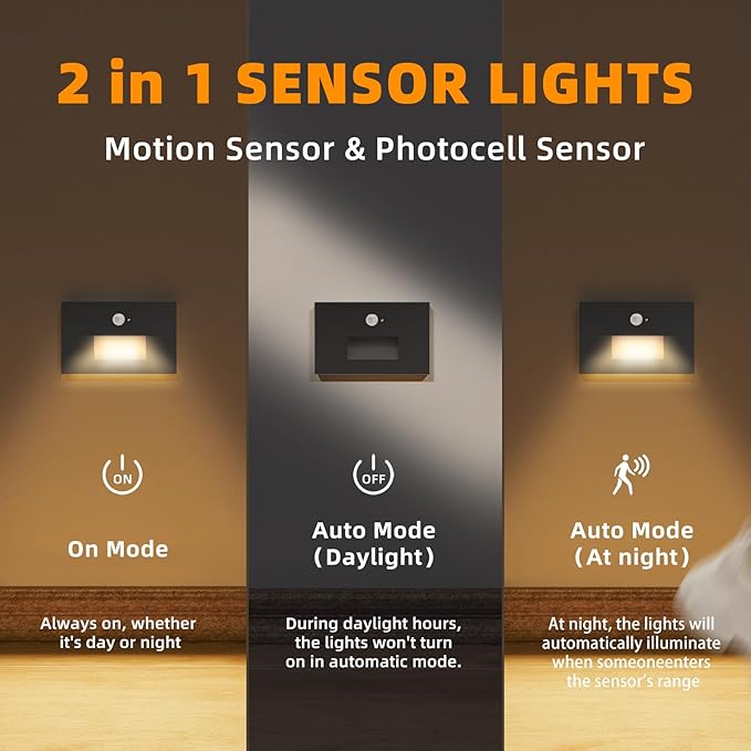 Motion Sensor Stair Lights Indoor Outdoor, 5CCT Dimmable LED Step Lamp with Switch, 4W 300LM, 2700K-6500K, IP66 Waterproof Hardwired 120V Stairway Staircase Walkway Lighting- Black, 12 Pack, ETL