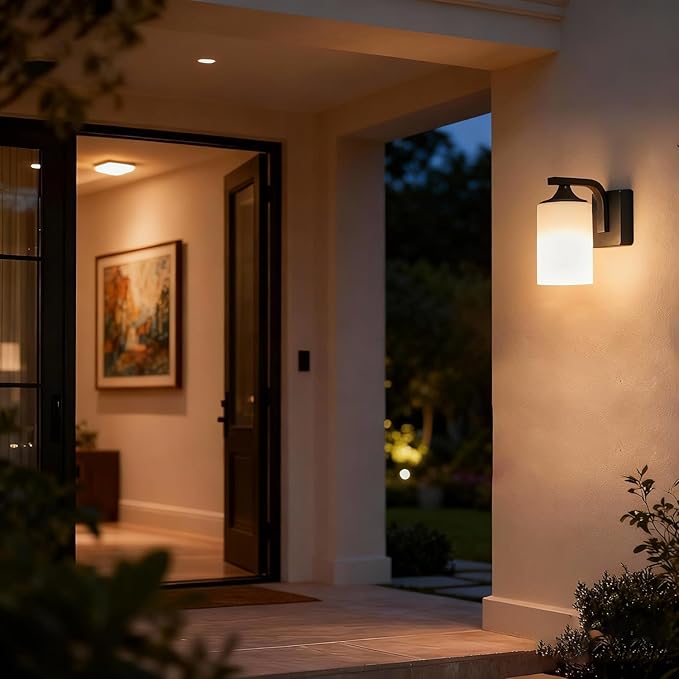 Outdoor Wall Lamp, Waterproof and Anti-Rust Aluminium Modern Wall Light Fixture Milk Glass Indoor for Outside,Garden, Matt Black