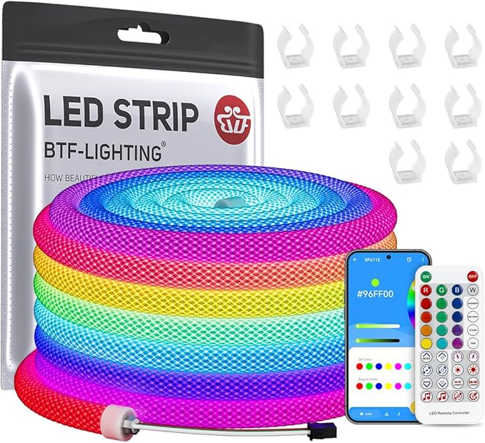 BTF-LIGHTING 16.4FT WS2811 WS2812B IC RGB DC5V 360 Degree Round Reticulate Chasing Color Neon LED Strip Kit Bluetooth Controller Flexible Silicone IP67 Waterproof Rope Light for Home Decor(No Adapter)