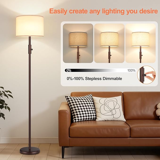 【Upgraded】 Dimmable Floor Lamp, Modern Floor Lamps for Living Room, Standing Lamp with Linen Shade, Tall Lamp for Bedroom Office Dining Room- Brown