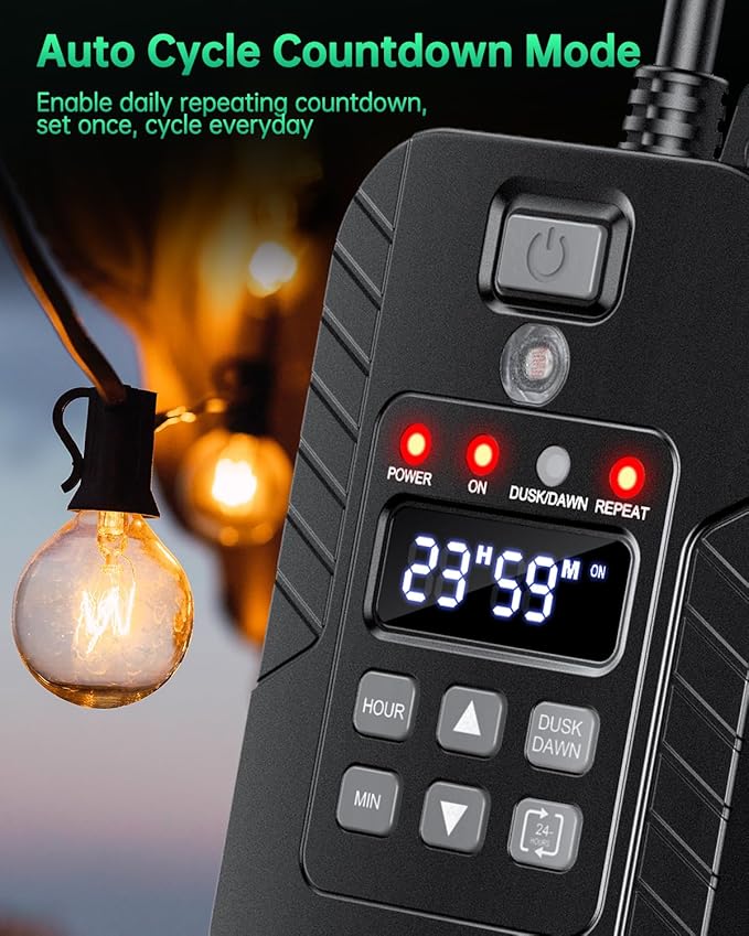 Outdoor Light Timer Waterproof, Remote Control Dusk to Dawn Sensor Timer, 100 FT Range, Plug in, 2 Outlets Digital Timer Switch for Home and Garden, 15A/1875W