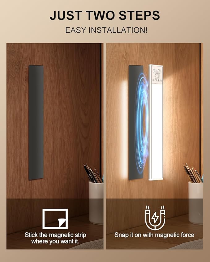LED Under Cabinet Lighting | 2500mAh Motion Sensor Under Counter Lights for Kitchen | USB Rechargeable Cabinet Lighting Wireless Dimmable Night Light for Closet Wardrobe Cupboard Stairs, 2 Pack