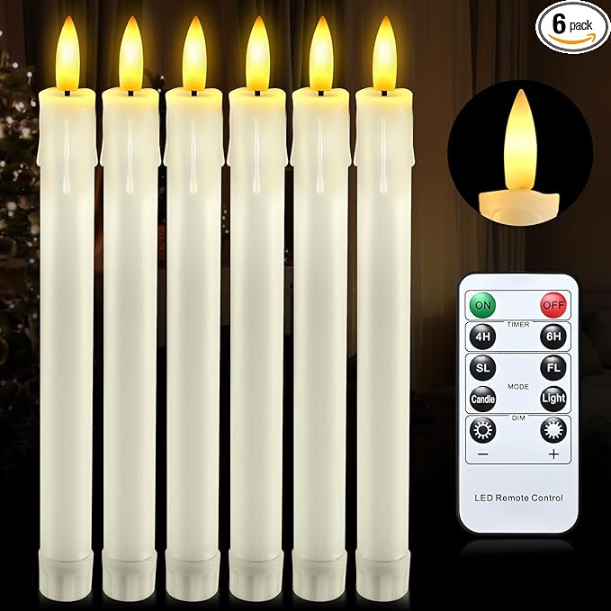 JOSU LED Flameless Taper Candles with Remote Timer, 6 Pcs Ivory Fake Candlesticks Battery Operated 3D Flickering, Realistic Electric Candles Warmer Lamp Light for Wedding Party Home Decor, 0.78"x8.86"
