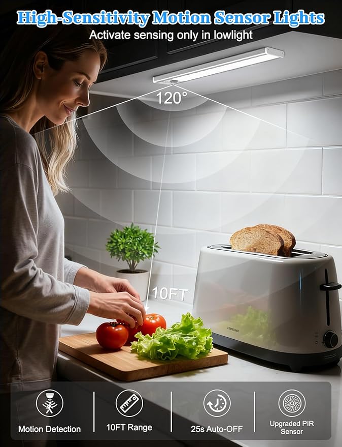 12in Under Cabinet Lighting with Charging Station, 2500mAh Rechargeable Wireless Motion Sensor Lights Indoor,Closet Lights with 3 Color Tempers, Battery Operated Cabinet Lights for Kitchen, 6-Pack