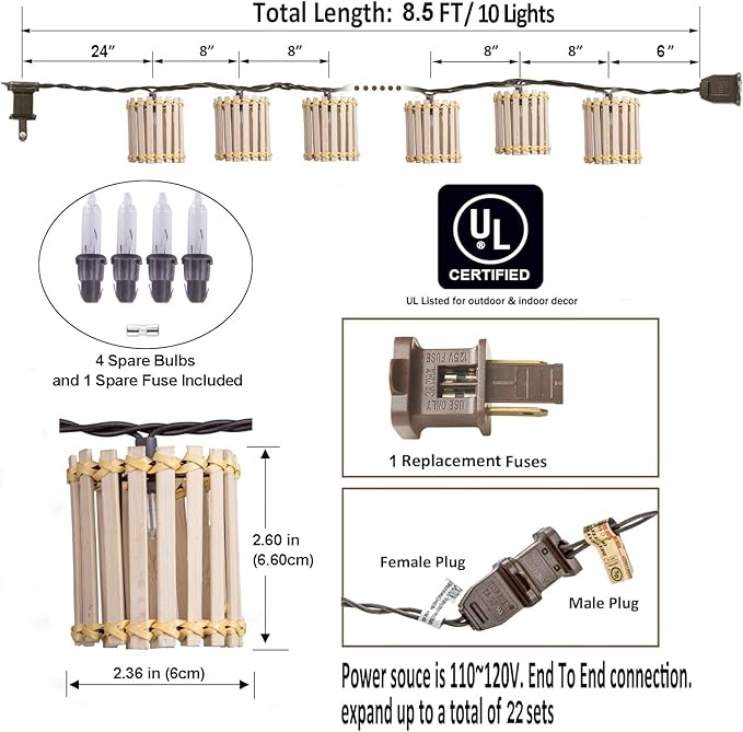 Outdoor-String-Lights-Waterproof, Bamboo Lantern String Lights for Patio, Garden, Porch, Balcony, Gazebo Decorative (Bamboo)