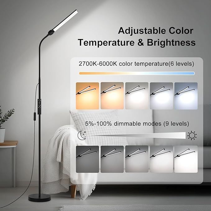 LED Floor Lamp with Remote Control, Bright 18W Floor Lamps for Living Room with Double Head, Adjustable Gooseneck Standing Lamp, Eye Caring Reading Light for Eyelash Extetions Craft Office