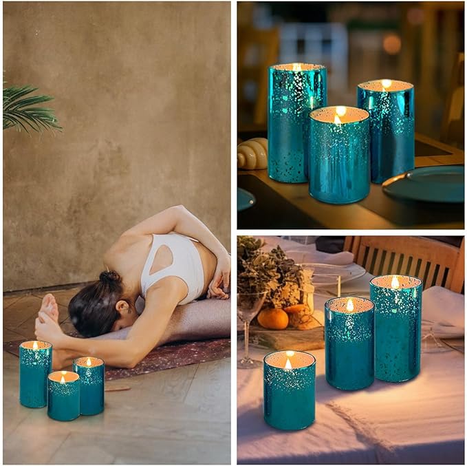 Rechargeable Flameless Candle, Flickering LED Pillar Glass Fake Candle with Remote and Timer, Built-in Battery Real Wax Electronic Candle for Room Decoration, Set of 3