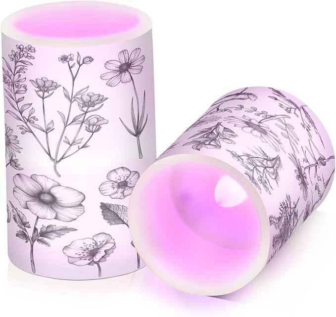 Graffiti Flower Pattern Flameless Candles Color Changing LED Candles with Remote Control Battery Candles for Outdoor and Indoor Home and Room Decoration, 3'' x 4''/5'' Set of 2 Pieces