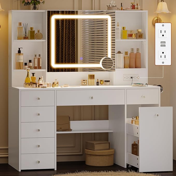 47.2“ Large Vanity Desk with Mirror and Lights,Power Outlet,7 Drawers,Pull-Out LED Mirror with 3 Light Modes,Brightness Adjustable,Rolling Makeup cart,Crystal Handles, hairdryer Rack,White