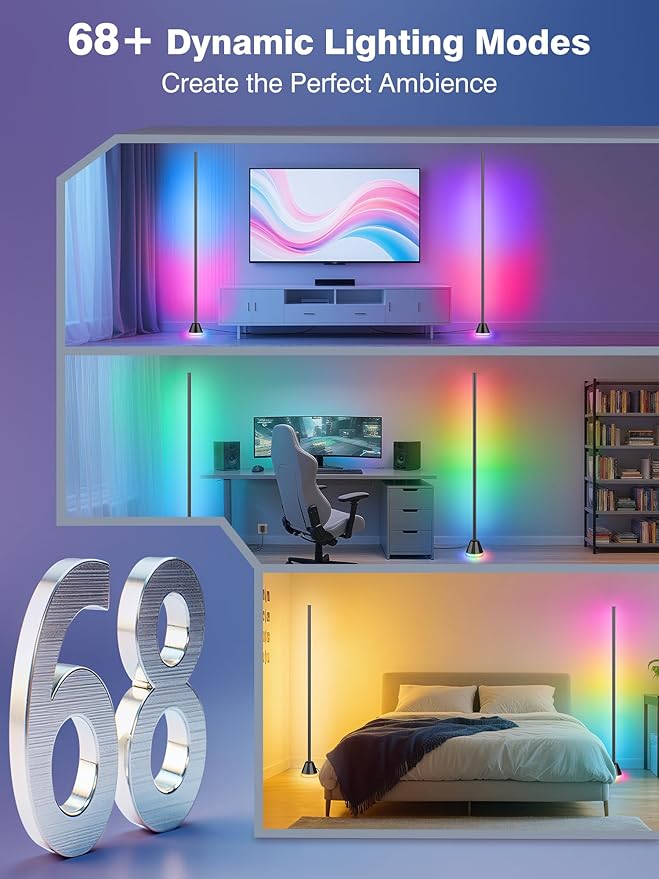 RIYO Corner Floor Lamp - Smart LED Corner Lamp for Bedroom, Living Room & Gaming Room, 16 Million DIY Colors with Music Sync, App & Remote Control, 68 Scene Modes, Modern Ambient Lighting