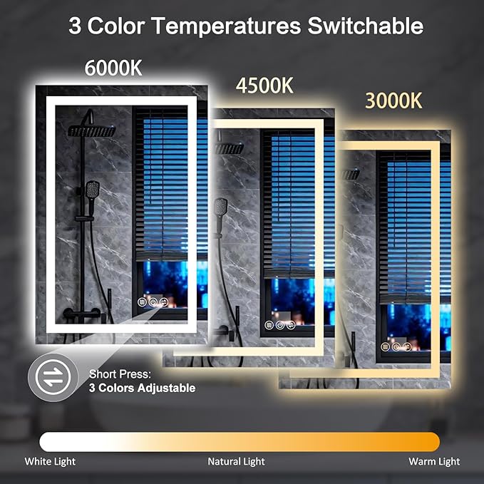 30"x 36" LED Bathroom Mirror with Lights, Backlit & Front Lit, Stepless Dimmable, Anti-Fog, 3 Colors Led Mirror, Wall-Mounted Vanity Mirror, Memory Function, Tempered Glass, Shatter-Proof