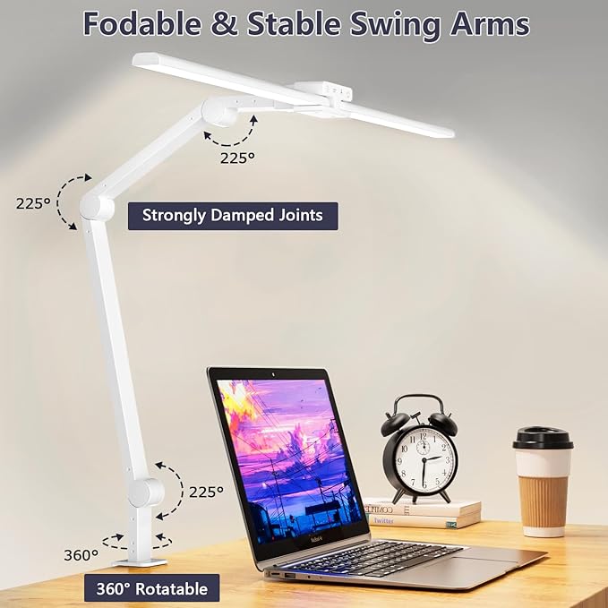 KableRika Desk Lamp,Double Head Desk Lamp with Clamp,24W Led Desk Lights for Home Office Ultra Bright Architect Table Lamp 4 Brightness 4 Color,Auto Dimming Task Lamp for Monitor Work Study White