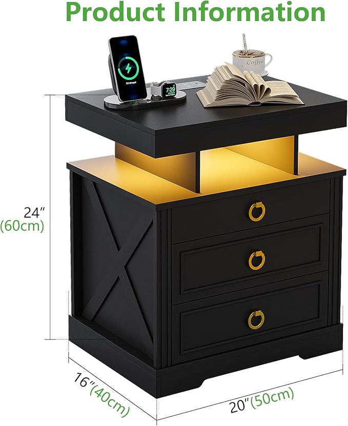 HNEBC Night Stand Set 2 with Gun Drawers, LED Farmhouse Nightstand with Charging Station, Smart End Table with 3 Colors Auto Lights, Bedside tabel with Hidden Compartment,Bedroom Set-Black