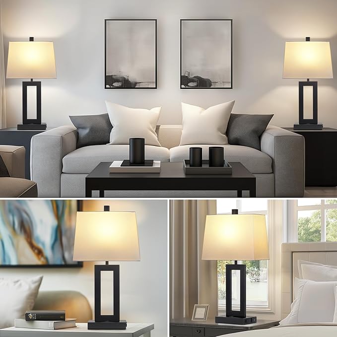 Table Lamp Set of 2 with USB C+A Ports & AC Outlet, Bedside Lamps, Modern Bedroom Lamps, Black Lamps for Bedroom Living Room,Nightstand Lamp（Push Button Swich/NO dimming