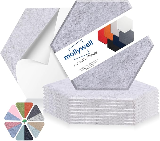 Mollywell Hexagon Acoustic Panels 14x12 - Reduce Echo & Reverb, Noise Blocking Wall Tiles for Home Office & Recording Studio, Silver Gray Sound Absorbing Panels