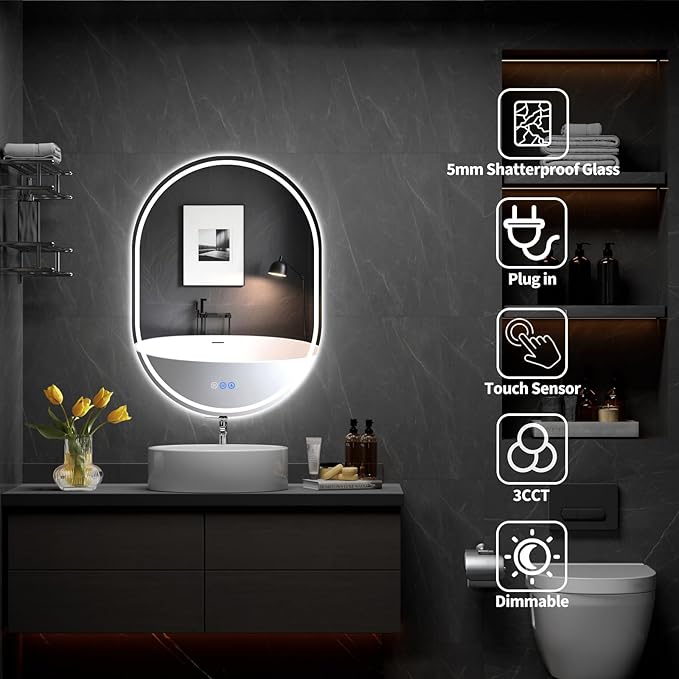 Oval LED Bathroom Mirror, 30"x 40" Frameless LED Mirror with Front Light and Backlit, Anti-Fog, Dimmable Modern Wall Mounted Lighted Mirror，Pill-Shaped Smart Mirror Bathroom