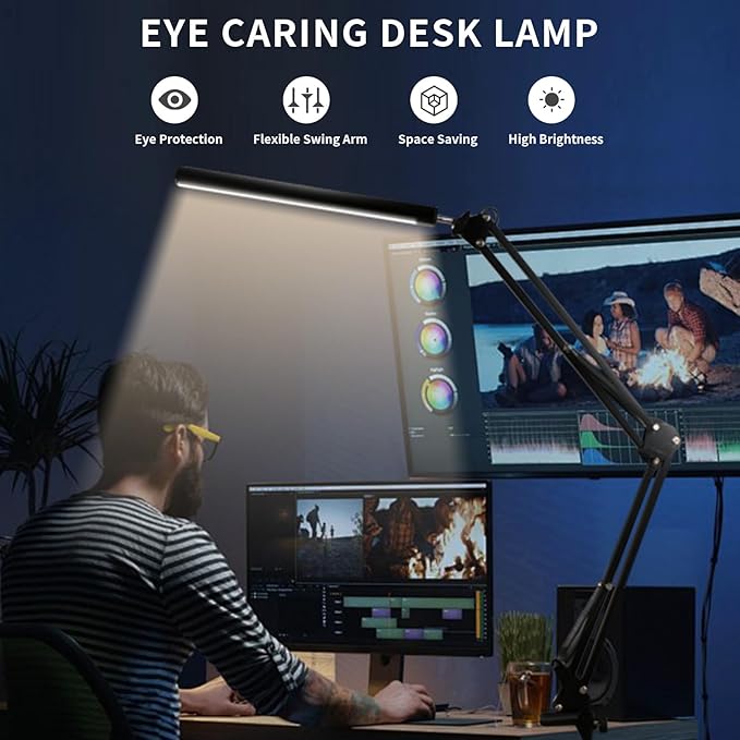 LED Desk Lamp with Clamp,Eye-Caring Desk Light with Clamp,Swing Arm Lamp Includes 3 Color Modes&10 Dimmable Brightness,Desk Lamp with USB Charging Port for Home Office,Reading(Black,12W)