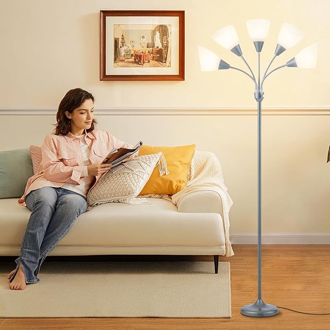 HonoDing Medusa Floor Lamps Standing Lamps 5 Heads Adjustable Reading Light Large Shade Use E26 A19 Bulb Floor Lamps for Living Room Bedroom (Silver)