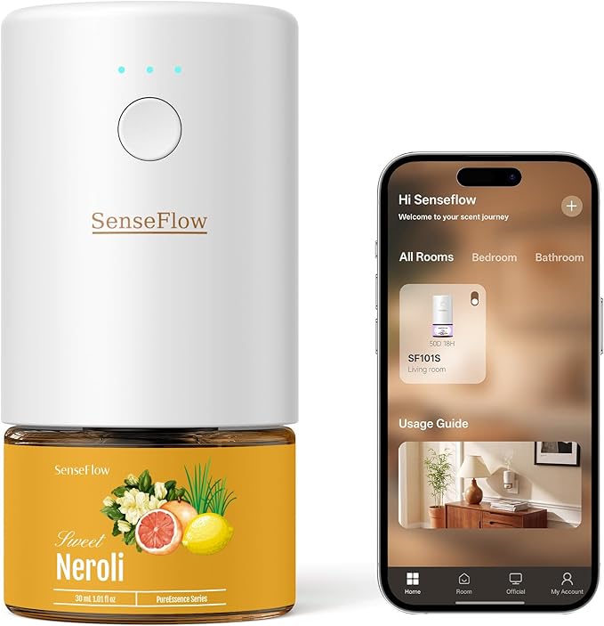 Essential Oil Diffuser for Home, Smart Waterless Aromatherapy Diffuser SF101S Pro, Plug in Room Scent with Timer & 120-Day Natural Aroma – Free 30ml Neroli(Golden Yellow)