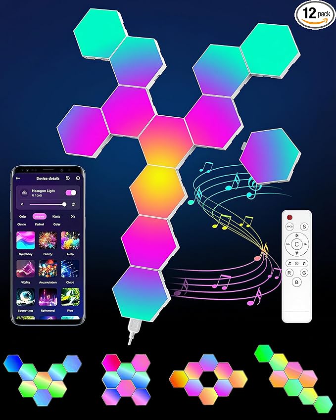 Hexagon LED Lights 12 Pack - RGB Wall Panels with Music Sync, Smart App & Remote Control, DIY Modular Hex Light for Gaming Room, Bedroom, Living Room, Wall Decor