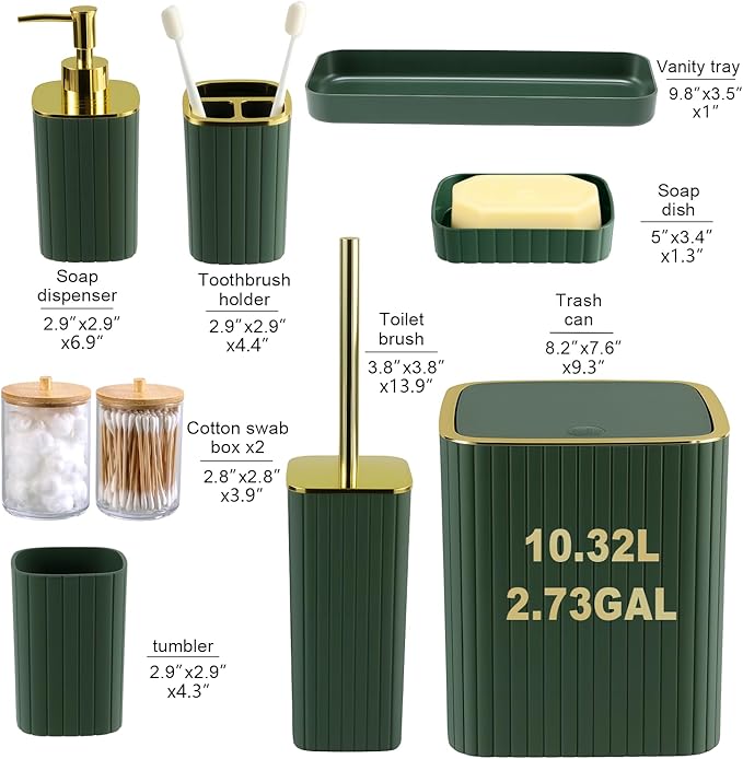 Bathroom Accessories Set-9PC Set, Complete Bathroom Decor & Home Decor, Bathroom Set with Toilet Brush, Trash Can, Soap Dispenser,Modern Home Bath Essentials (Green&Gold, Bath Set)
