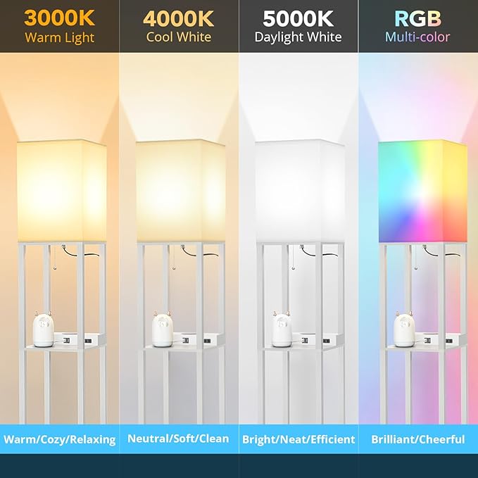Mlambert Modern Shelf Floor Lamp with Wireless Charger & Fast Charging USB Ports & Type C Port & 2 Power Outlets,3 Tier Storage Lamp for Bedroom,White