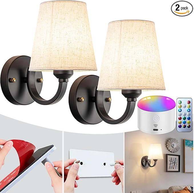 Peel and Stick Wall Sconces, No Drilling Stick On Wall Sconce, Wireless Battery Operated Wall Lights, Adhesive Wall Lamp with 10000mAh Battery Bulb for Bedroom Living Room Decor