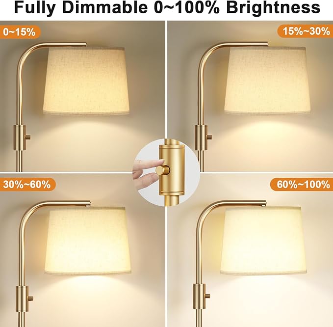 Ambimall 𝐅𝐮𝐥𝐥𝐲 𝐃𝐢𝐦𝐦𝐚𝐛𝐥𝐞 Floor Lamp - Floor Lamps with 9W 𝐋𝐄𝐃 Bulb, Standing Lamps for Living Room with Adjust Head, Modern Standing Tall Light Rotary Switch for Office(Gold and Beige)