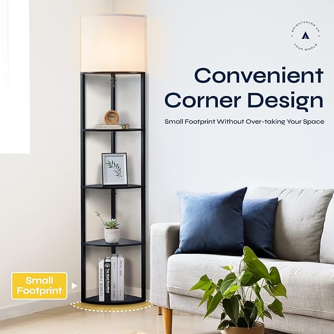 ATAMIN Corner Floor Lamp with Shelves – Tall Corner Lamp with Pull Chain Switch – Modern Floor Lamp for Living Room, Bedroom, or Office Alvis Edge