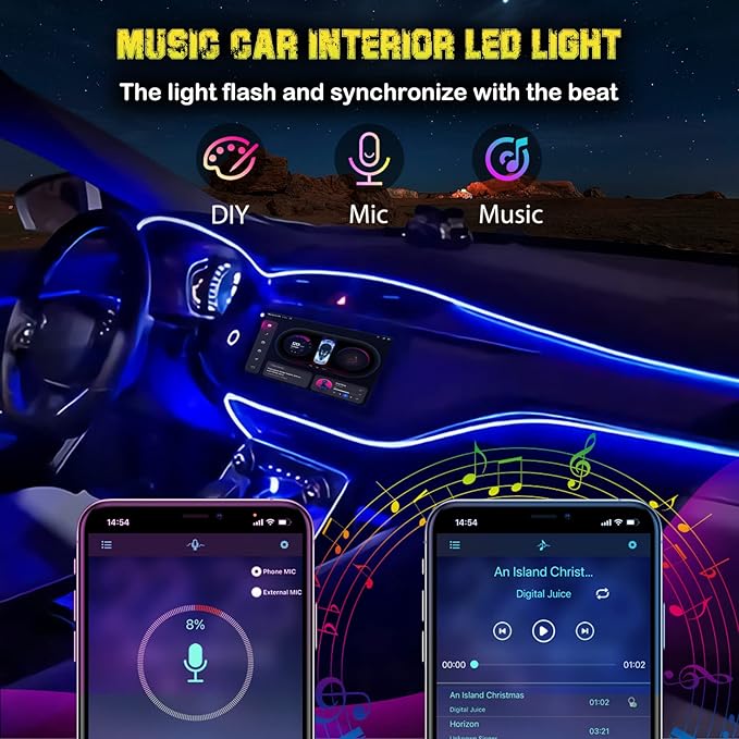 Interior Car LED Strip Lights, RGB USB Car Ambient Lighting with Wireless APP & Remote Control, Car Accessories Fiber Optifc Lights Sync to Music (5 LED/276 inches)