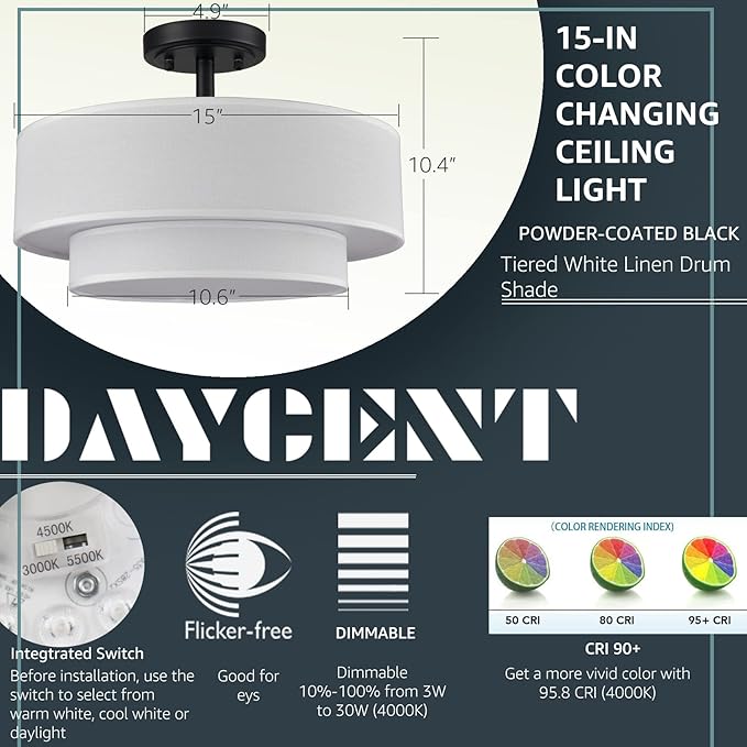 DAYCENT Black Drum Semi Flush Mount Ceiling Light Modern Farmhouse Dimmable LED Light Fixture Ceiling 30W 3000K/4500K/5500K Drum Shade Ceiling Light for Bedroom Hallway
