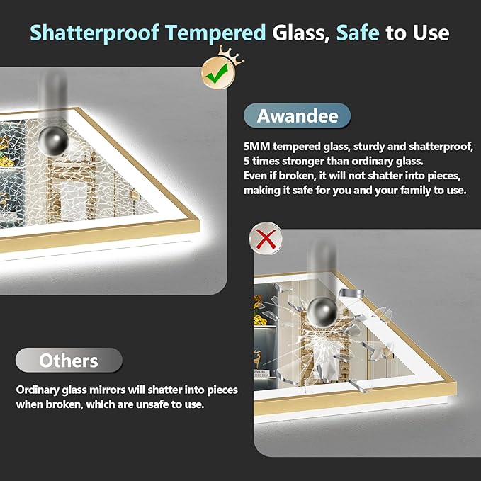 84x32 Gold LED Bathroom Mirror with Lights, Brushed Gold Framed Backlit and Front Lit Anti-Fog Lighted Vanity Mirrors for Bathroom Wall, Dimmable, 3 Colors, Memory, HD Tempered Glass, CRI＞90