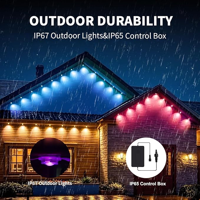 100FT Permanent Outdoor Lights, IP68 Waterproof Outdoor RGBW LED Eaves Lights 50LEDs with Smart App Control, Music Synchronization for Christmas Garden Party Holiday House Decorations