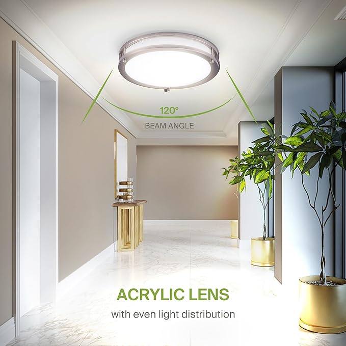 ASD LED 10" Round Flush Mount Lighting, Close to Ceiling Light Fixture | 3CCT, Dimmable, Energy Star, ETL Listed | 16W 1041LM 3000K-5000K 120V | Low Profile Double Ring Lamp | Nickel