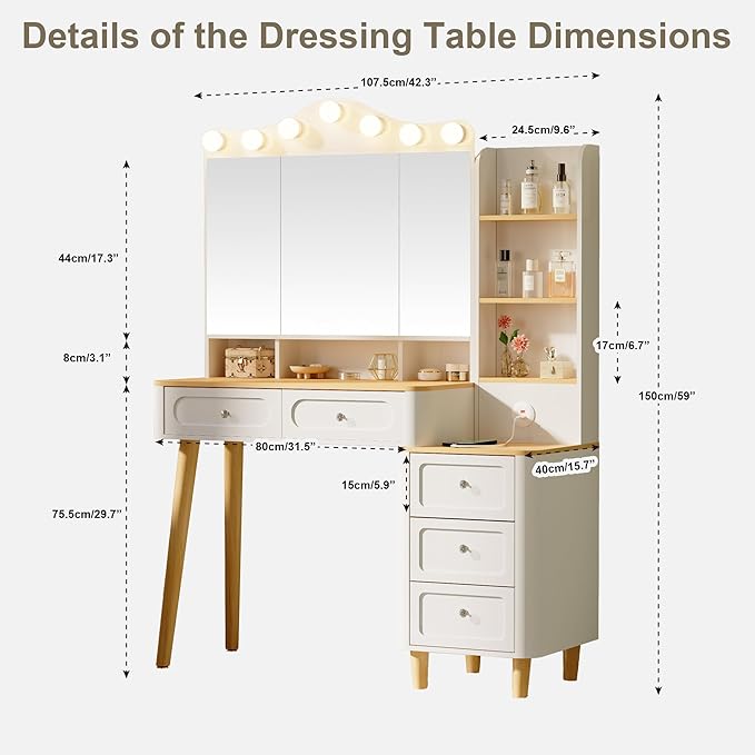 Vanity Desk with Mirror and Lights,Makeup Vanity with 2 USB Power Strip,Vanity Set with Two Drawers and Three-drawer Chest, 3 Lighting Modes Adjustable Brightness, Foldable Three-sided Mirror (White)