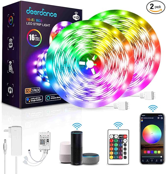 deerdance Smart LED Strip Lights, 32.8feet Works with Alexa Google Assistant APP Control Music Sync 16 Million Colors 5050 RGB WiFi Light Strip for Bedroom TV Ceiling Kitchen Cabinet Party,Multicolor