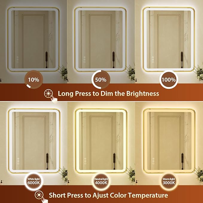 32x40 Inch Gold Framed LED Bathroom Mirror with Lights, Built-in Bluetooth Speaker,Tempered Glass,Dimmable Lighted Bathroom Vanity Mirror with 3 Colors, Backlit + Frontlit, Memory, Anti-Fog