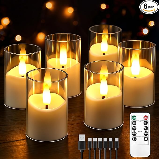 Rechargeable Flameless Candles with Timer Remote, 1.7"x2.6" Clear Acrylic LED Tea Lights Candles，Small Votive Electric LED Candles for Home Aniversary Wedding Holiday Decor(6 Pack)