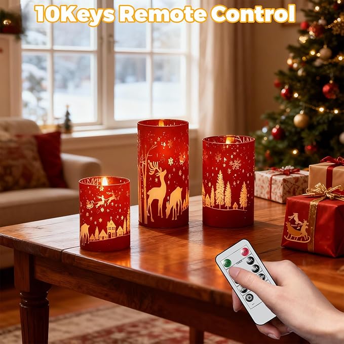 Wondise Red Christmas Reindeer LED Flameless Candles with Remote Timer, Electroplate Glass Battery Operated Real Wax Flickering 3D Wick Pillar Candles for Christmas Holiday Home Decoration