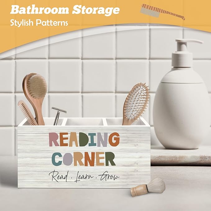 Boho Reading Corner Pen Holder Organizer for Desk Accessories, Boho Classroom Reading Wooden Box Desk Decorations for School Kids Room Bedroom Decor, Book Lovers Reader Bookish Gifts