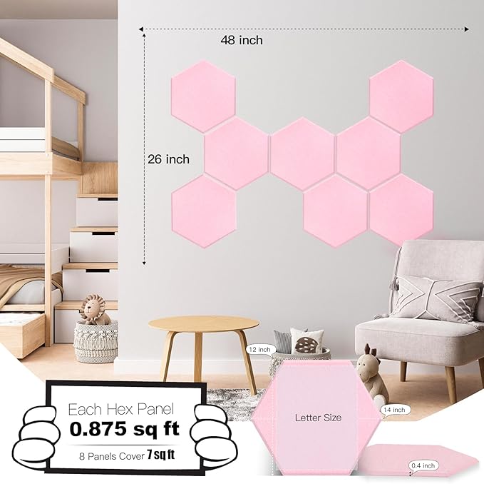 Mollywell Hexagon Acoustic Panels 14x12 - Reduce Echo & Reverb, Noise Blocking Wall Tiles for Bedroom & Nursery, Cherry Blossom Pink Sound Absorbing Panels
