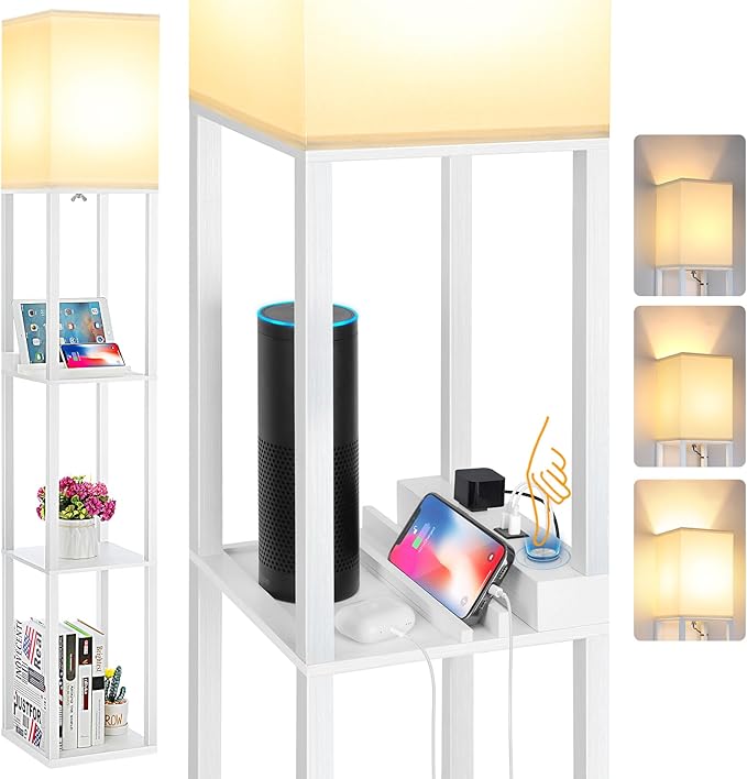 FOLKSMATE Touch Control Shelf Floor Lamp, Modern Dimmable LED Standing Lamps with Shelves, Charging USB Ports, Type C Port and Power Outlet, Wood Tall Light for Living Room, Bedroom, Bedside，White